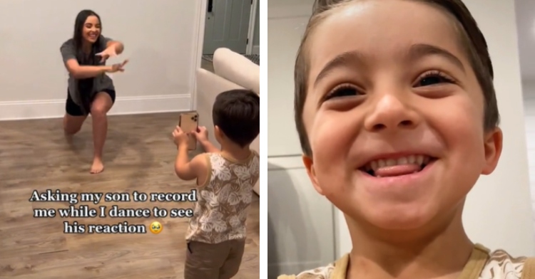 cute little boy smiles while filming mom
