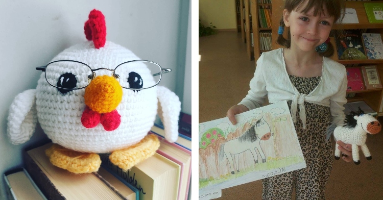 crochet chicken and little girl holding drawing and matching toy