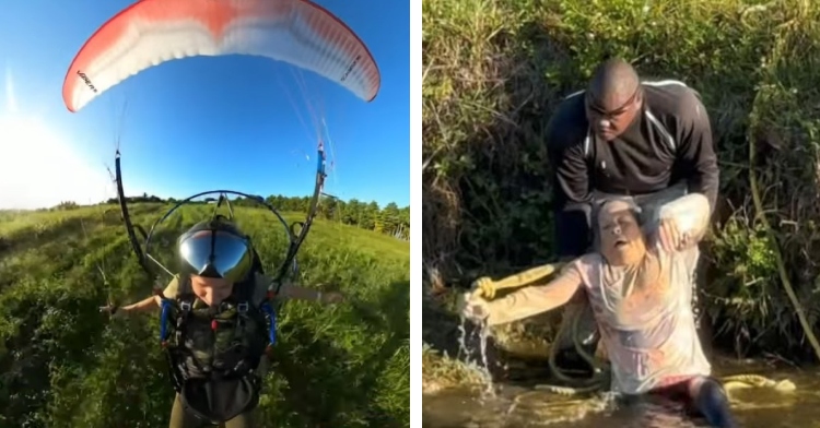 A two-photo collage. The first is a front-facing view of Cristiano paragliding to the ground. The second is of a man is helping pull a woman out of the water.