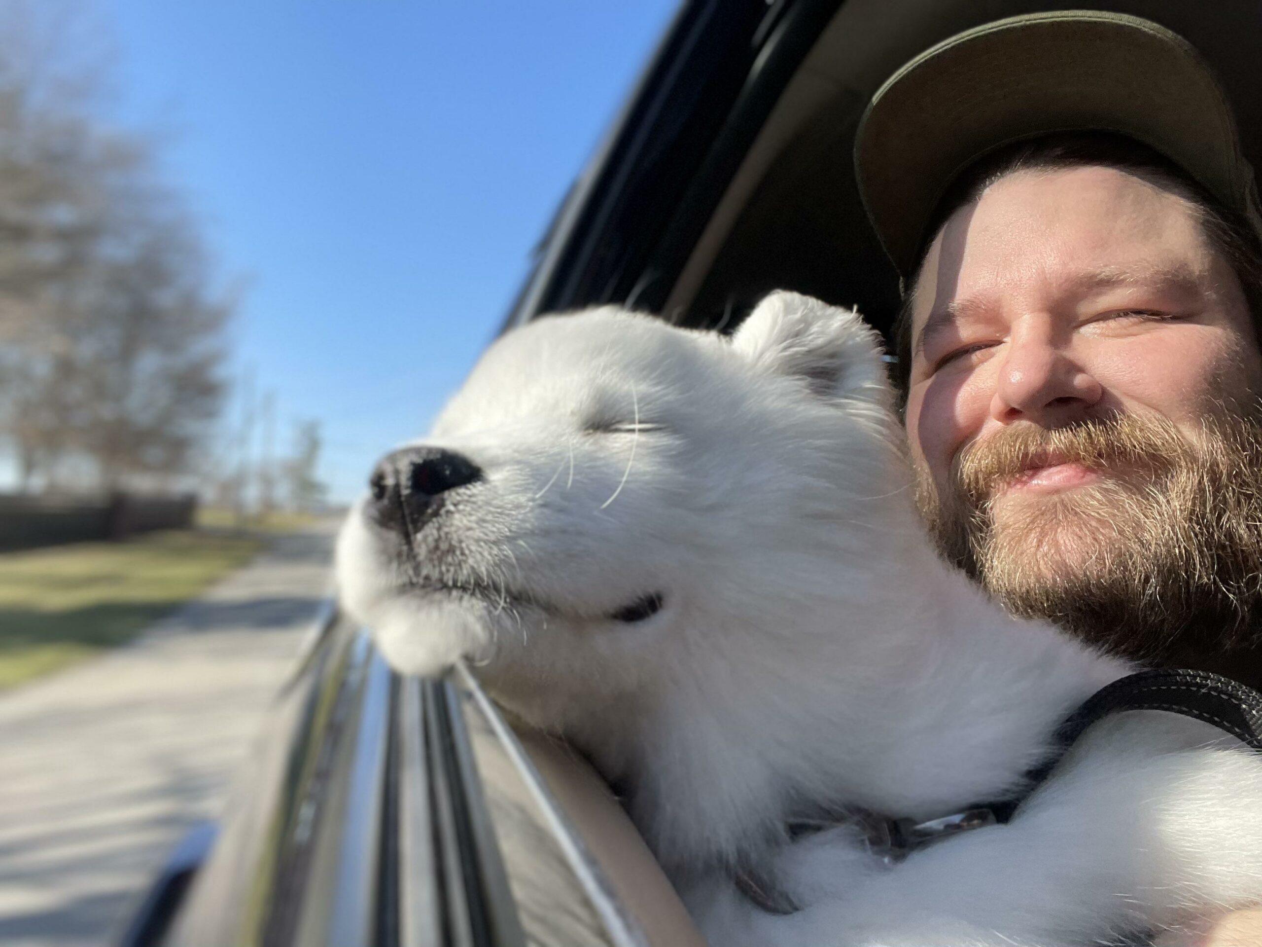 man and dog with faces out car window and big smiles on their faces