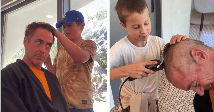 a two-photo collage. the picture in the left shows robert downey jr. and one of his kids at the beginning of the process of shaving his head. on the right there is a picture of his youngest son in the process of finishing shaving his head.