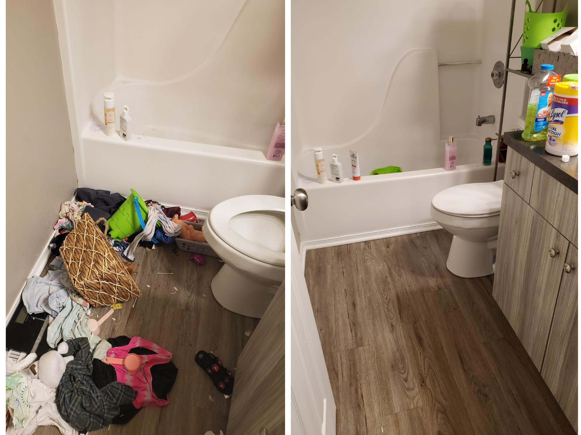 before and after of dirty and cluttered bathroom that has been cleaned up.