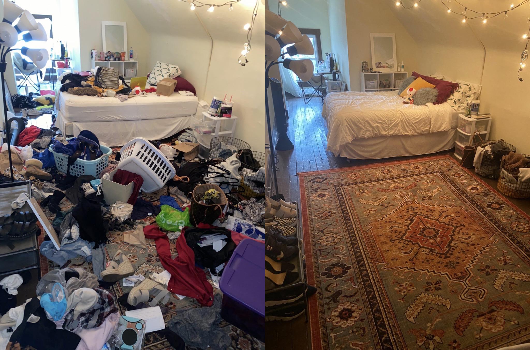 before and after of extremely dirty and messy bedroom that has been cleaned up.