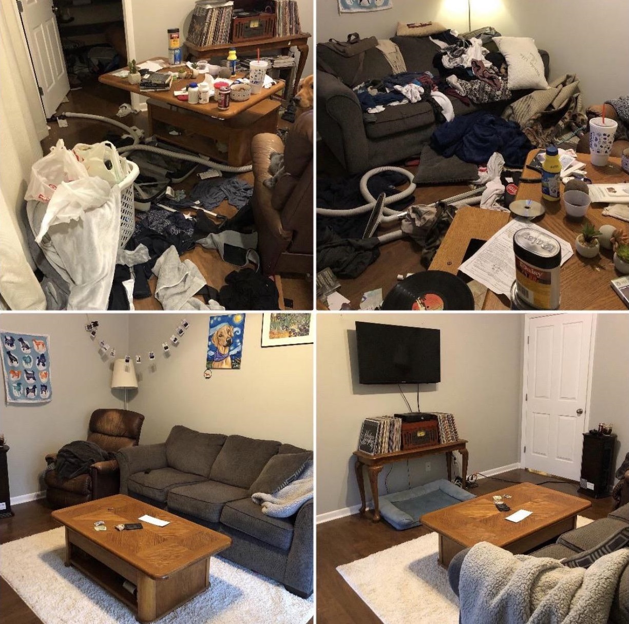 before and after of messy living room that has been cleaned up.