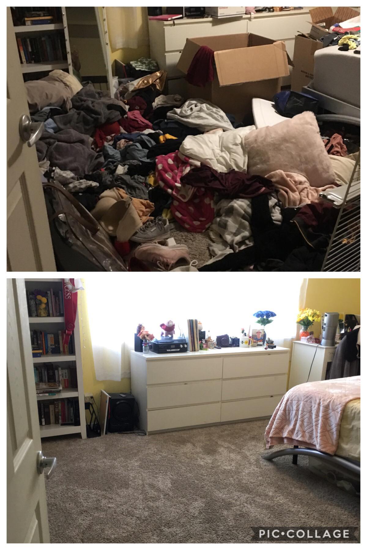 before and after of messy bedroom that has been cleaned and tidied.