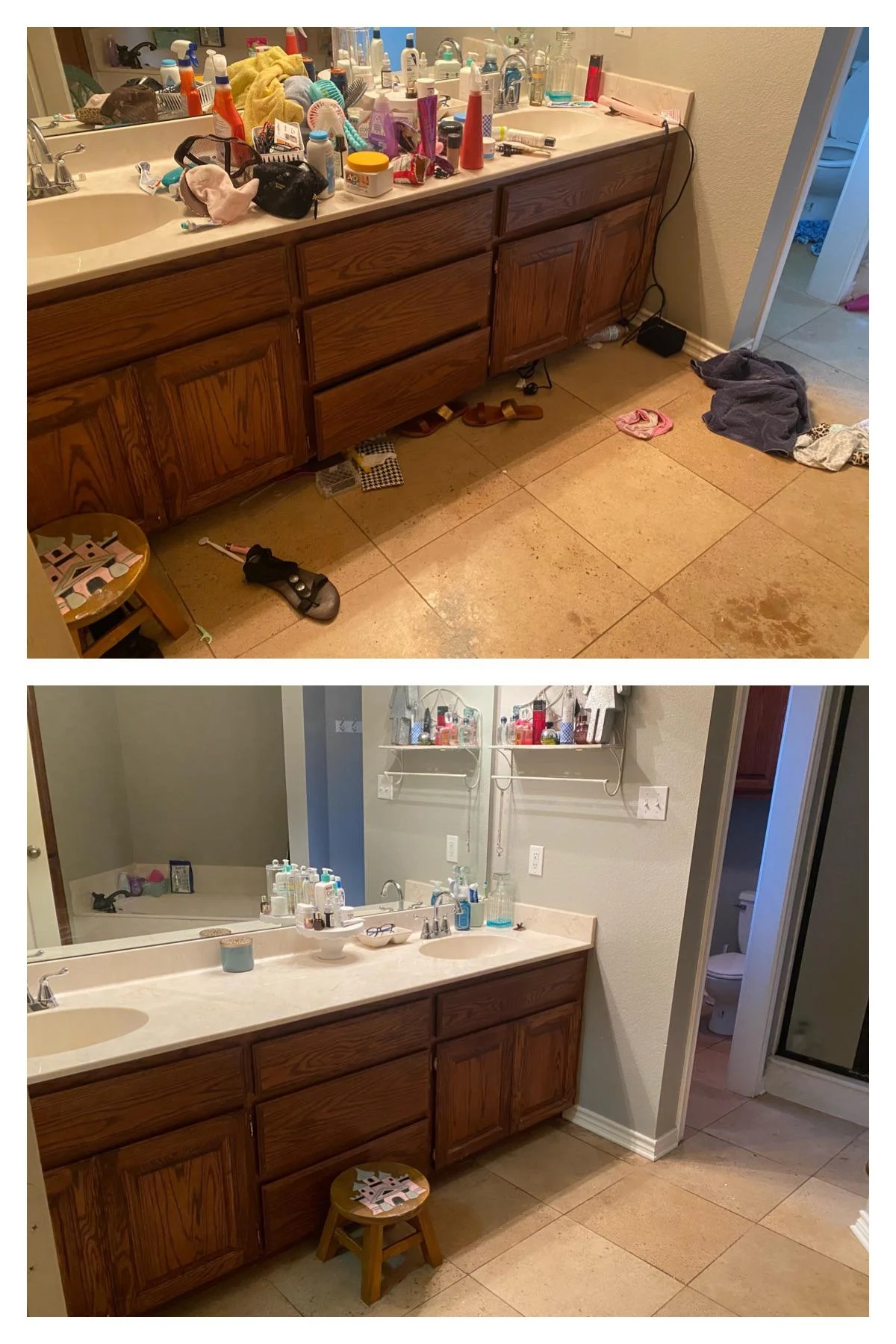 before and after pictures of a dirty and cluttered bathroom that has been cleaned and de-cluttered.