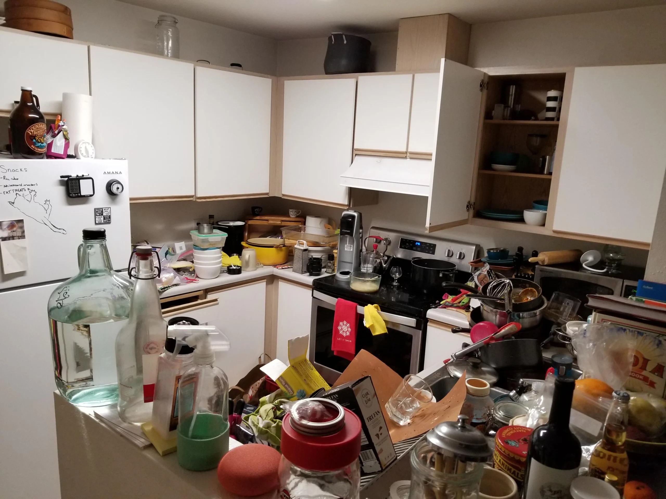 extremely messy and dirty kitchen with stuff all over the countertops.
