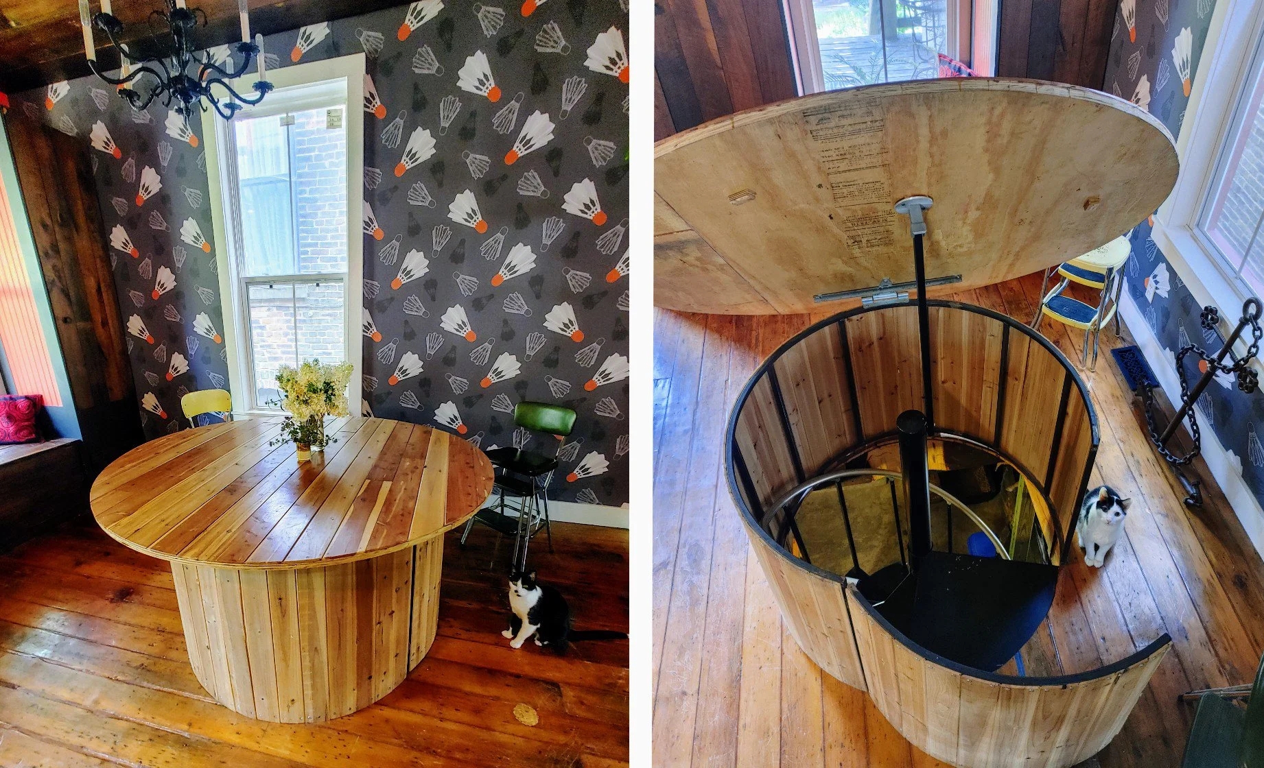 secret spiral staircase inside a table
