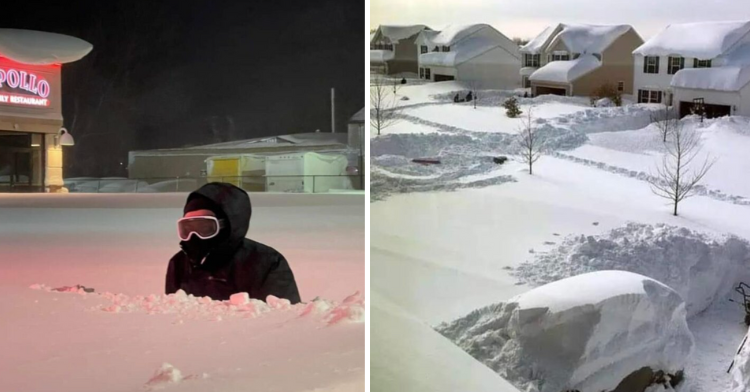 Man wades through shoulder-deep snow in Buffalo, NY. Neighborhood with deep snowbanks.