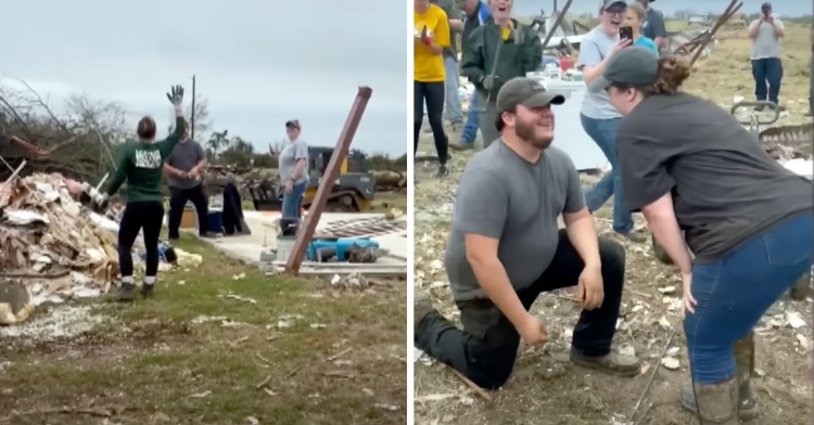 a two-photo collage. on the right there is a picture of a softball player helping dig through the debris to find ring. on the right there is dakota in one knee proposing to his longtime girlfriend.