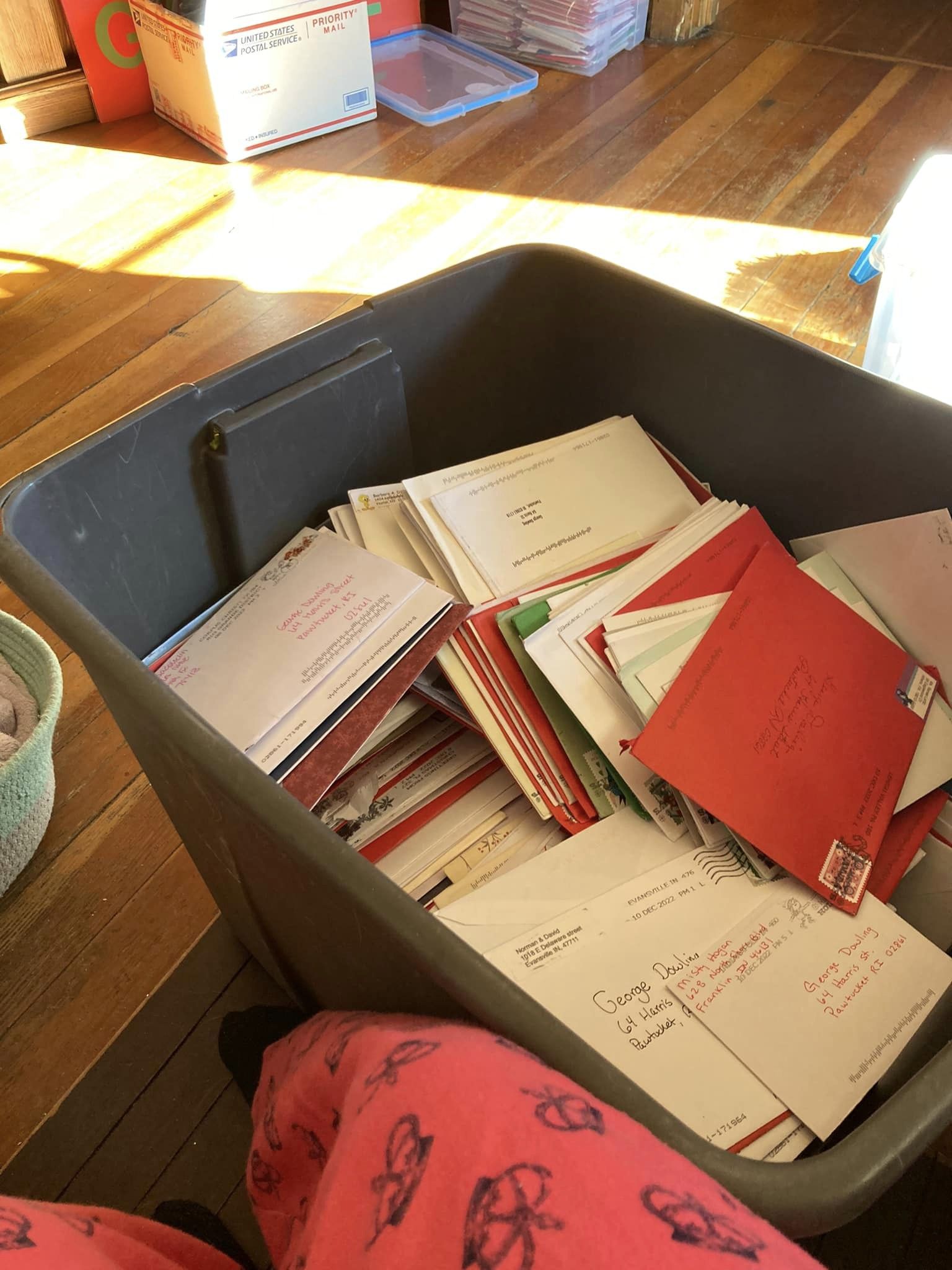 a bucket of Christmas cards for George Dowling that were all sent by strangers.