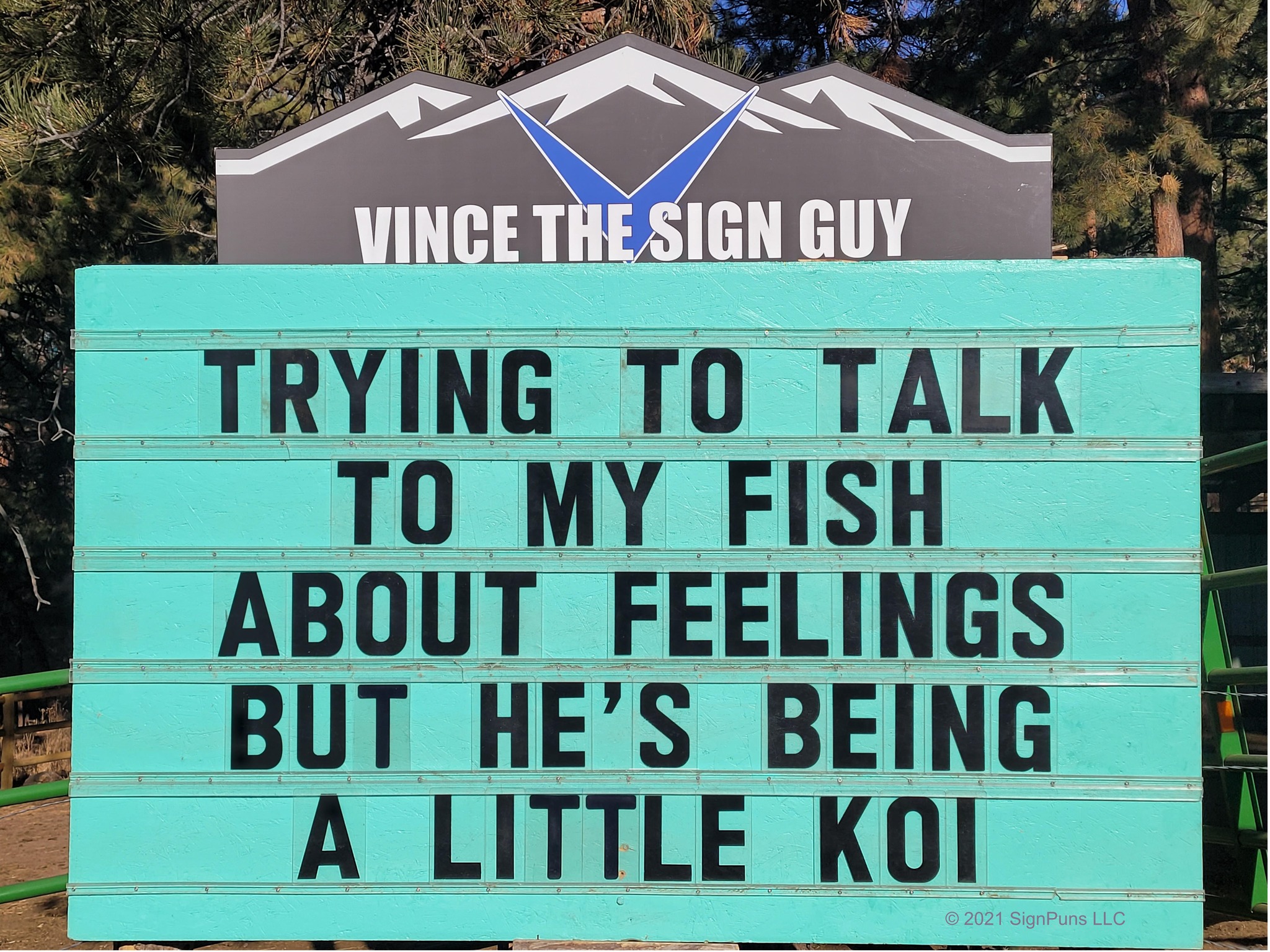 community sign that says: "trying to talk to my fish about feelings but he's being a little koi"