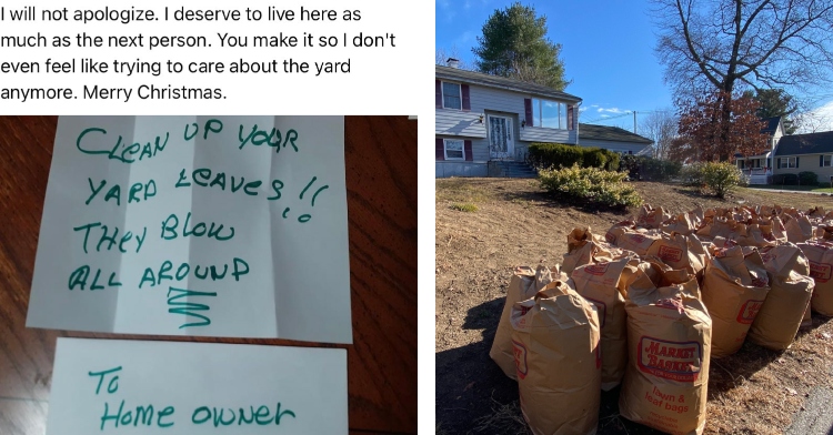 Neighbors help Kristene Whitehouse clean leaves up after she received nasty anonymous note