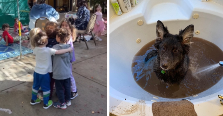 kids hugging on left, dog sitting in dirty bathwater on right