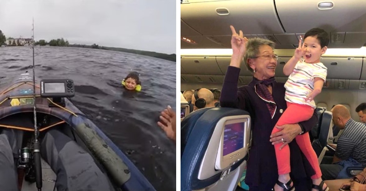 man rescues child in water, grandma helps couple with new daughter on plane.