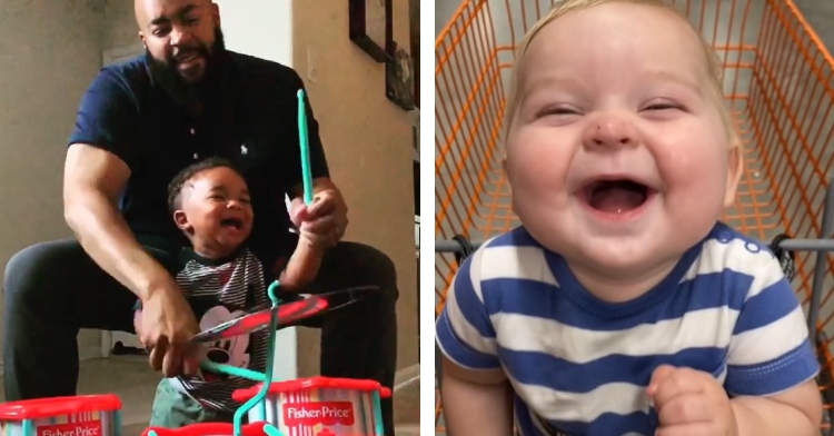 A two-photo collage. The first shows a dad assisting his baby boy in playing a kid drum set; the kid is laughing. The second is a closeup of a baby laughing hard as he sits in a store's cart.