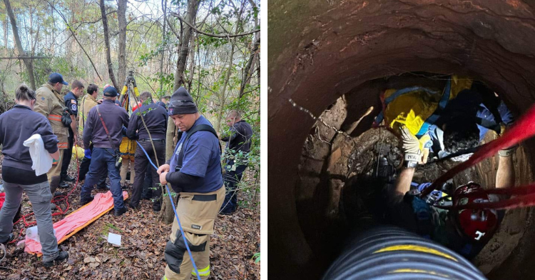 a two-photo collage. on the left there is a picture of first responders getting ready to help a boy out of a well. on the right, there is a picture of the view from inside the well and showing the efforts to lift a boy out of there.