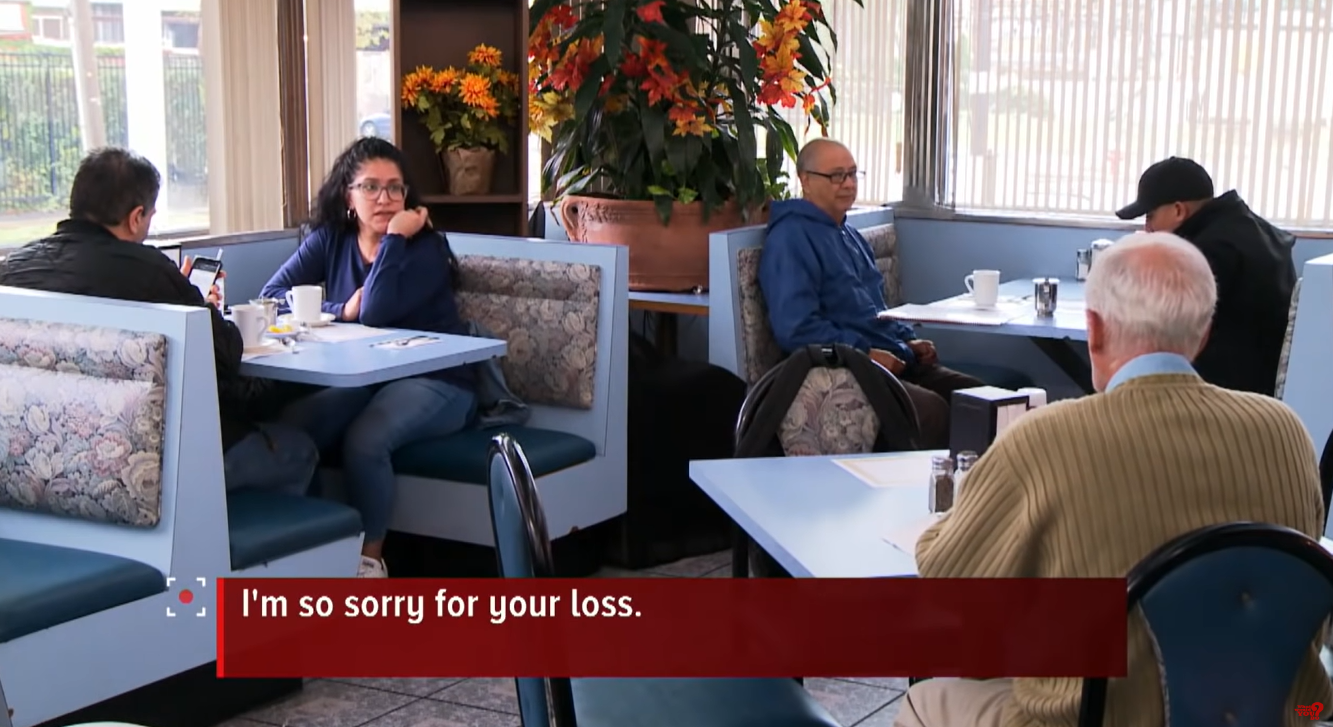 ABC NEWs show "What Would You Do" featuring an elderly man dining alone and a woman speaking to him from another booth.
