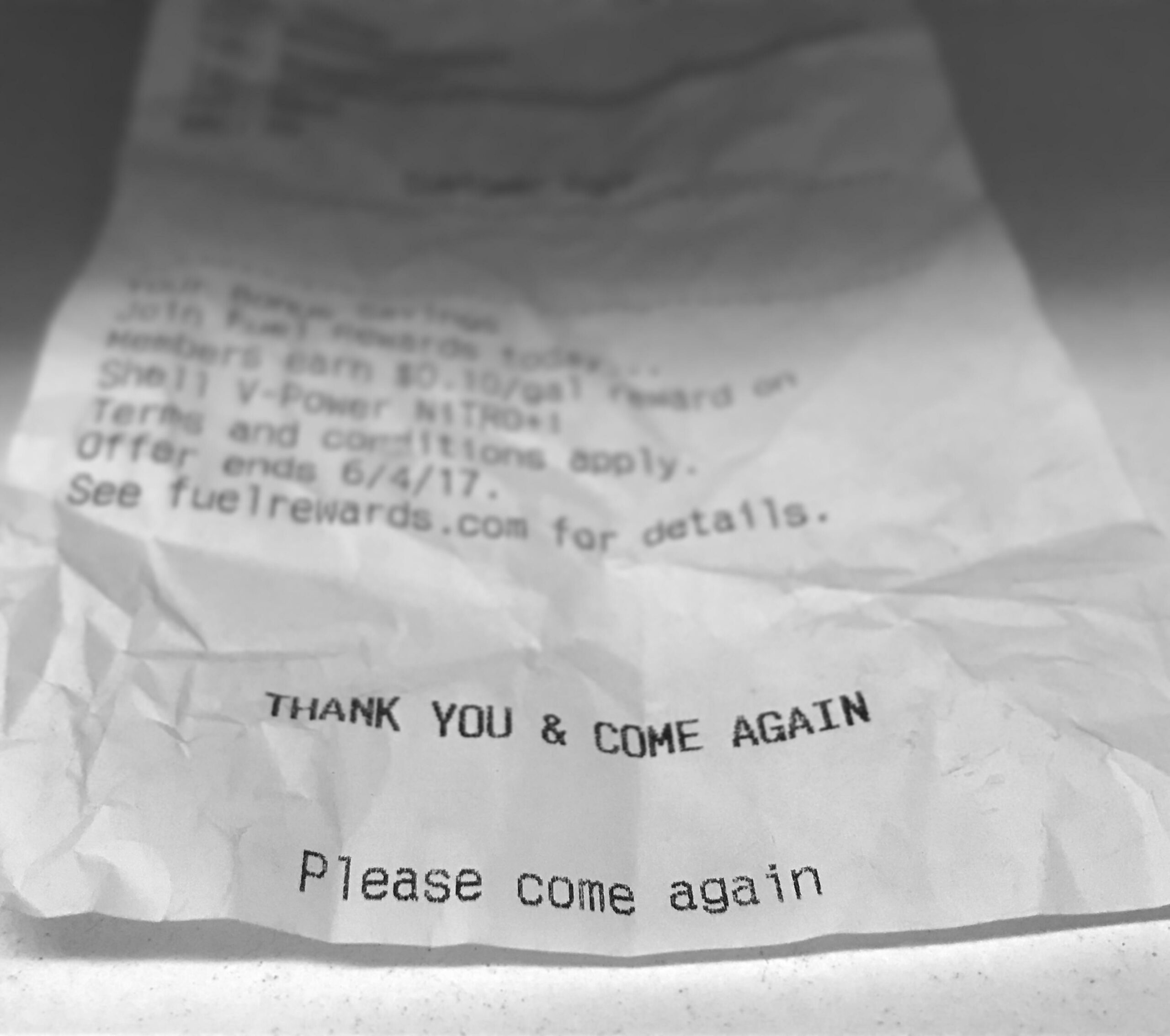 Receipt that says "Thank you and come again." then "please come again." underneath