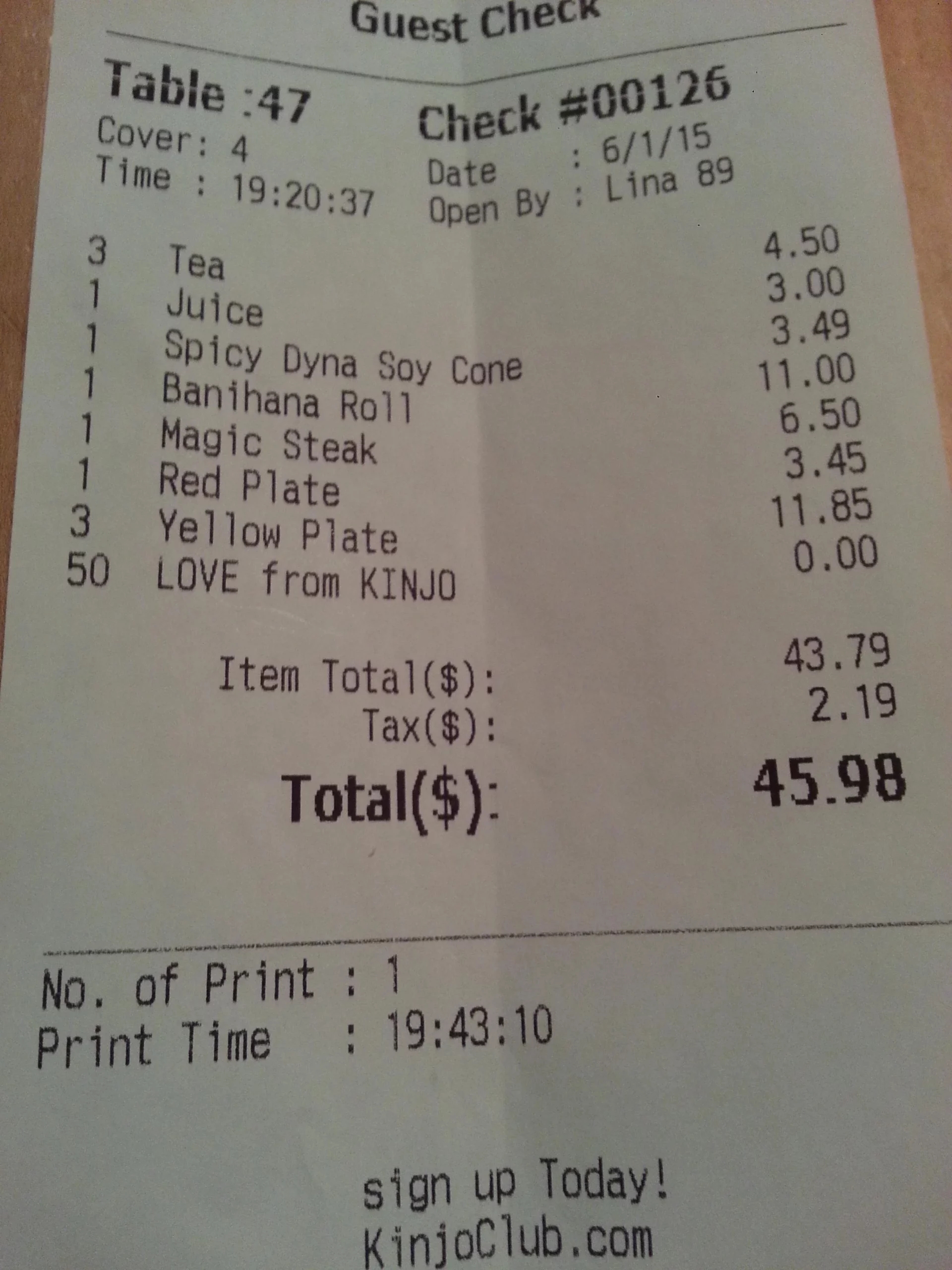 receipt that has an item that says "Love from KINJO $0"
