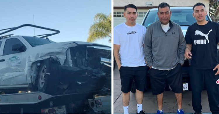 a two-photo collage. on the left there is a picture of a crashed white truck. on the right there is a picture of andres benitez and two other man standing in front of a new white truck.