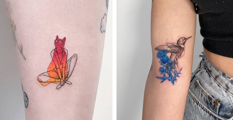 A two-photo collage. The first is of a tattoo of a person sitting; there’s an overlay of a orange/red cat. The second is of a bird flying away from blue flowers.