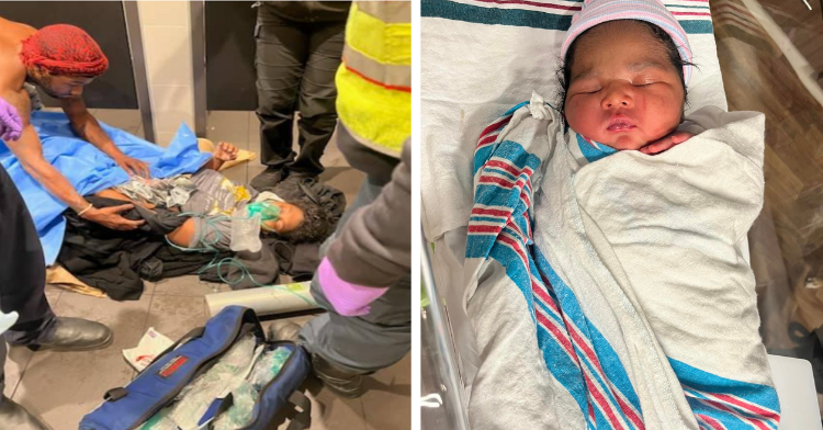 a two-photo collage. on the left, A'Landria lies on the floor surrounded by other people (what appear to be paramedics). She is wearing an oxygen mask and Deandre's hands are placed on her arm and waist. on the right, there is a picture of baby nandi.