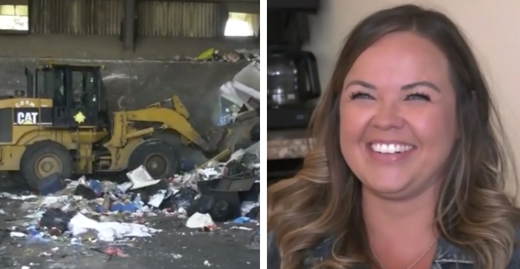 A two-photo collage. The first is a view of vehicles moving around trash at the dump. The second is of Alexandra Stokal smiling wide.