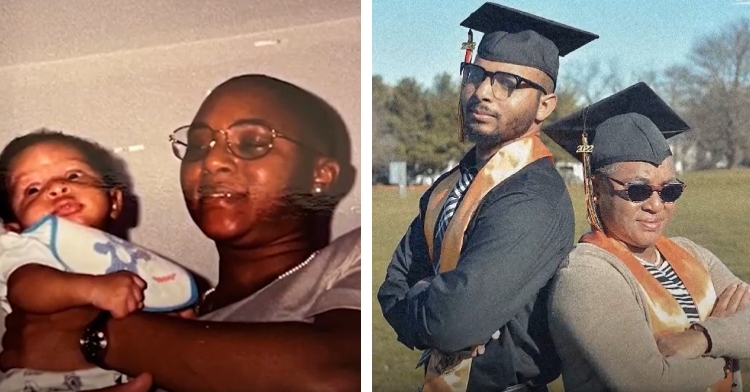 Carolyn Patton holds Immanuel Patton as a baby, and on their college graduation day