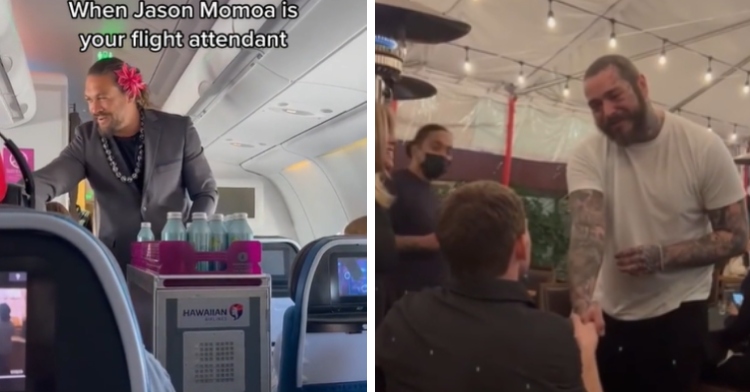 Jason Momoa hands out drinks on flight and Post Malone greets fan in restaurant