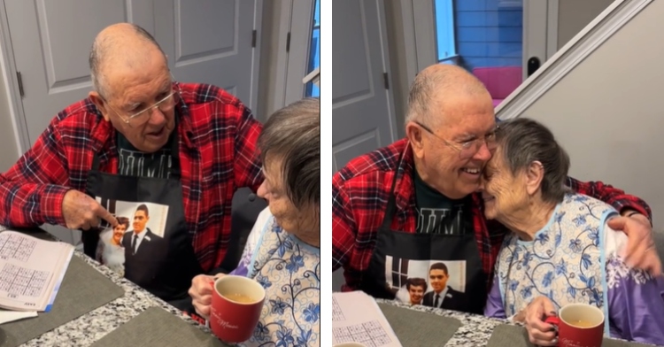 husband and wife with dementia hugging after he points out who is on his apron