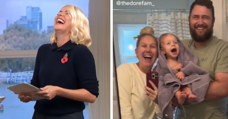 anchor woman throws her head back and laughs, family and baby laugh at reflections in mirror