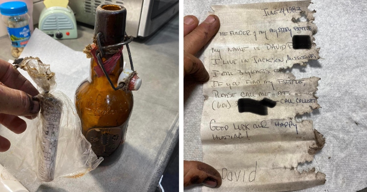 old bottle found in river with note written in 1984.