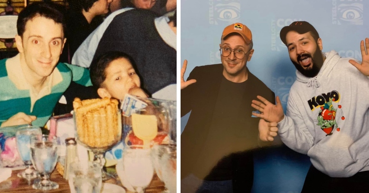 Steve Burns poses with Brandon Ragland 20 years ago and now