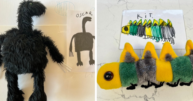 kids' drawings with stuffed animals that look just like them.