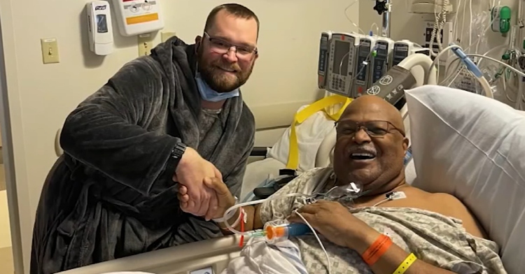 Tim Letts and Bill Sumiel in hospital after kidney transplant.
