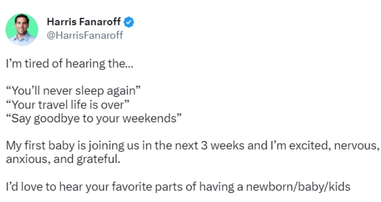Harris Fanaroff tweet about new parent advice