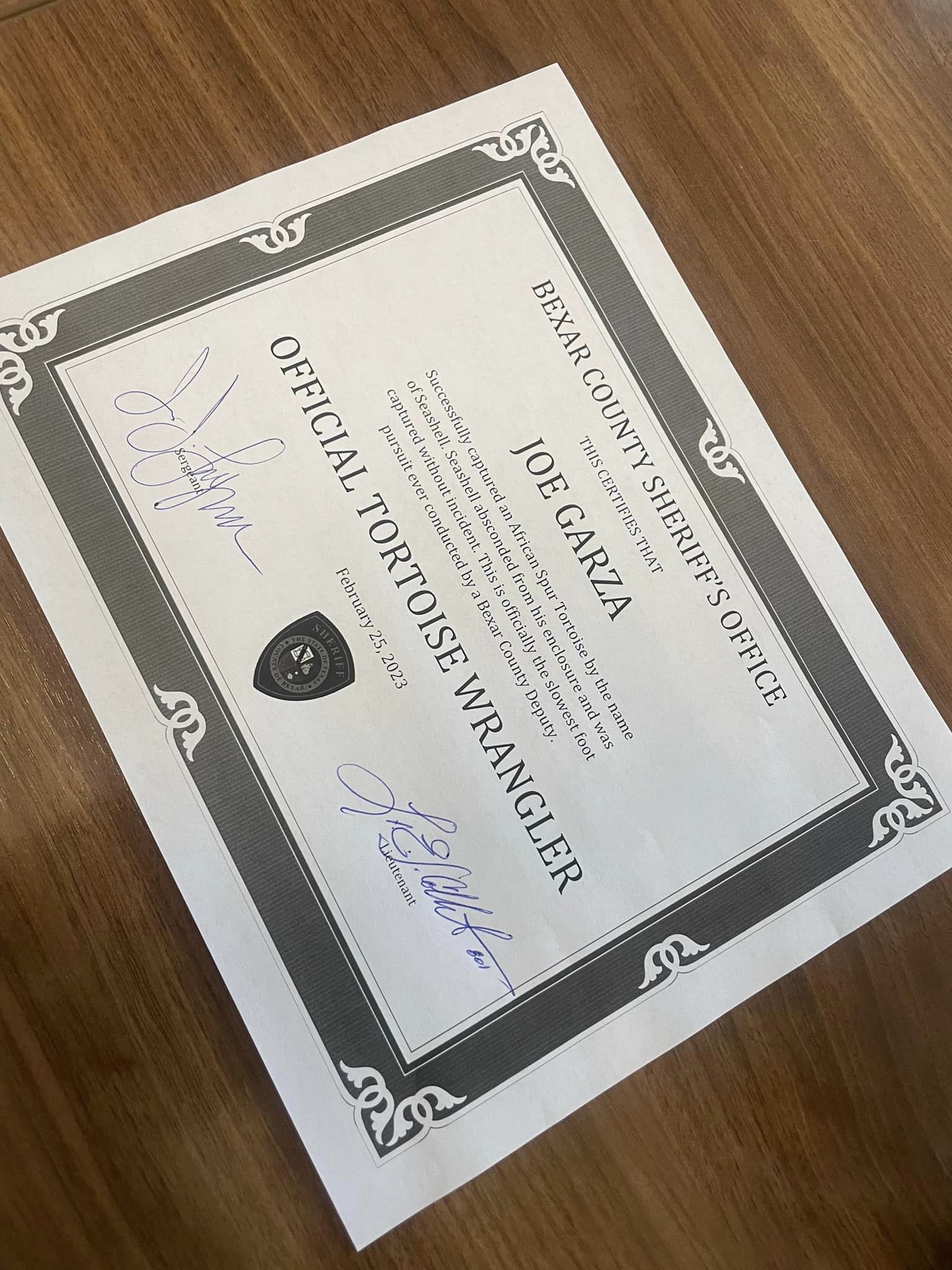 official tortoise wrangler certificate for deputy Joe Garza that reads 