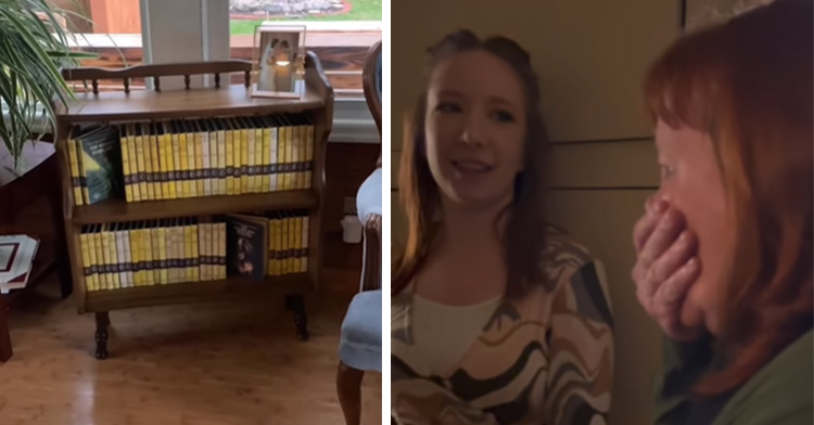 a finished bookshelf with nancy drew books on the left, and a daughter smiling as her mother covers her mouth in surprise on the right