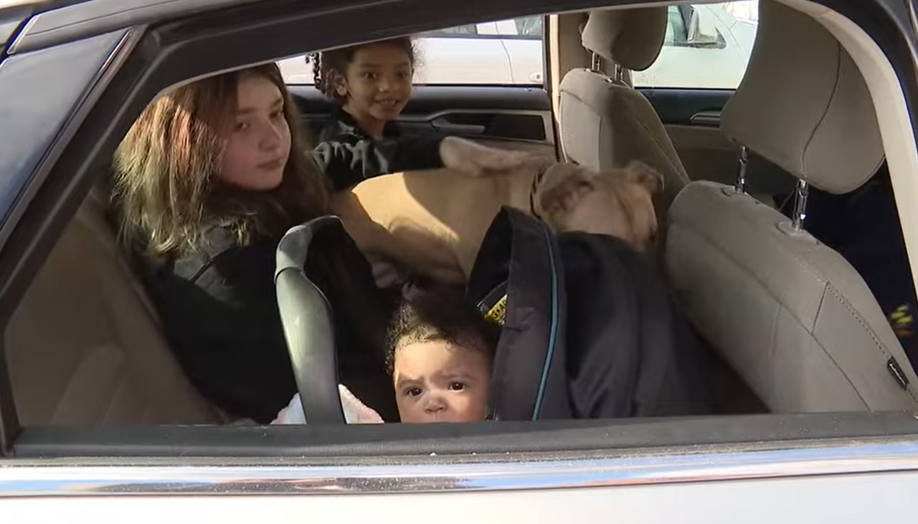 three children and a dog sitting in the backseat of a sedan.