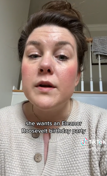 Liz Hewett TikTok with text "she wants an Eleanor Roosevelt birthday party"