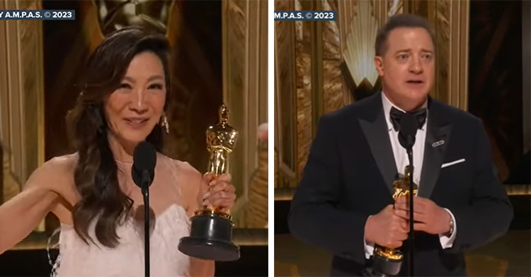 Michelle Yeoh holding an oscar award on the left and Brendan Fraser holding an oscar award on the right