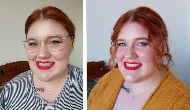 Abby Bowman smiling and wearing red lipstick in two photos before and after using Laughland's teeth whitening kit