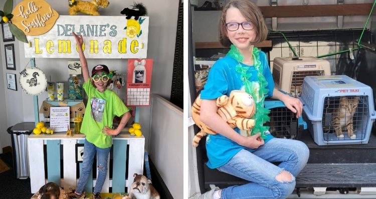 Delanie with her lemonade stand and a cat in a crate