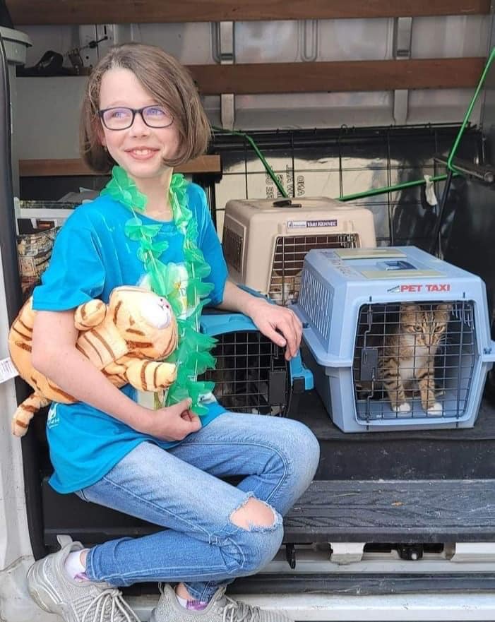 Delanie Dennis with a cat in a crate.