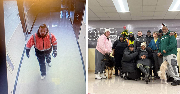 a combined picture with jay from security footage walking through the halls on the left and jay with the people he rescued on the right