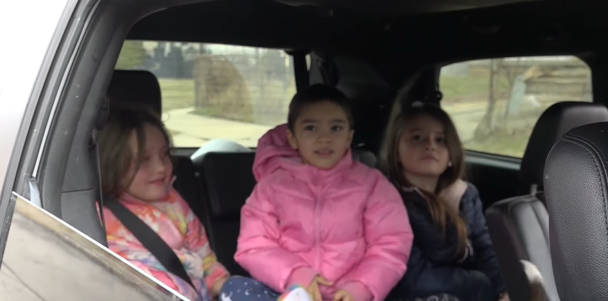 three young kids in the backseat of a car.