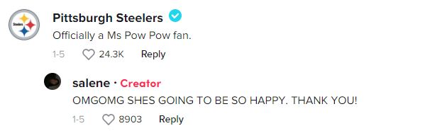 A Screenshot from TikTok is Pictured. A Comment From the Pittsburgh Steelers Reads: "Officially a Ms. Pow Pow Fan." The TikTok creator, salene, responded "OMGOMG SHES GOING TO BE SO HAPPY. THANK YOU!"