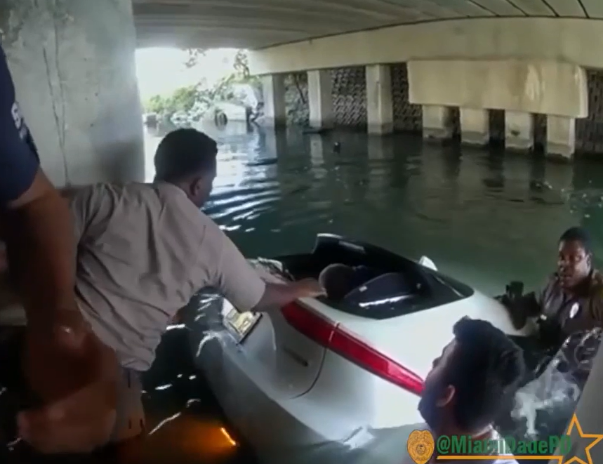 members of the Miami-Dade police department try to save a child from a sinking car.