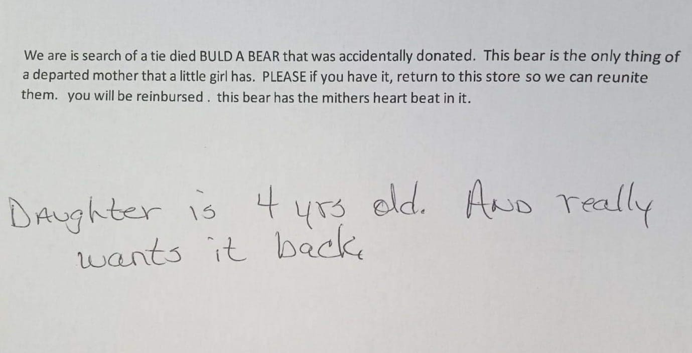 Note from Goodwill asking public to return the missing Build-a-Bear to child. It reads: 